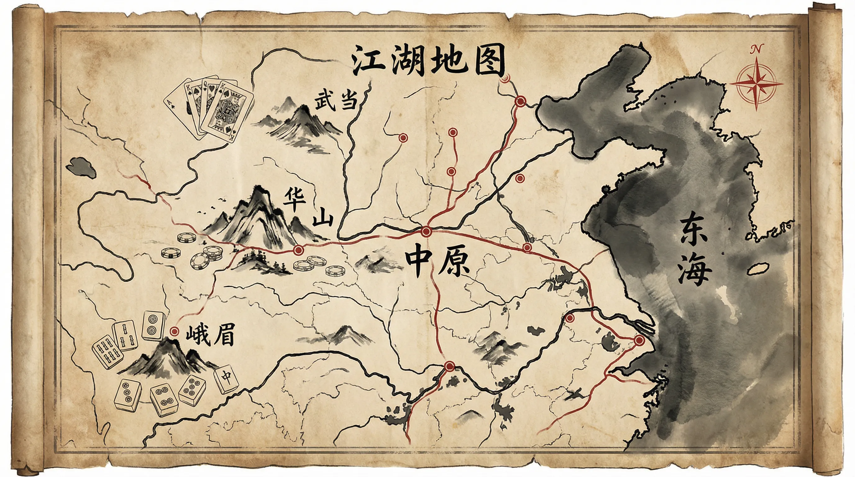 侠客岛江湖地图，标注华山德州扑克、武当斗地主、峨眉麻将等门派位置